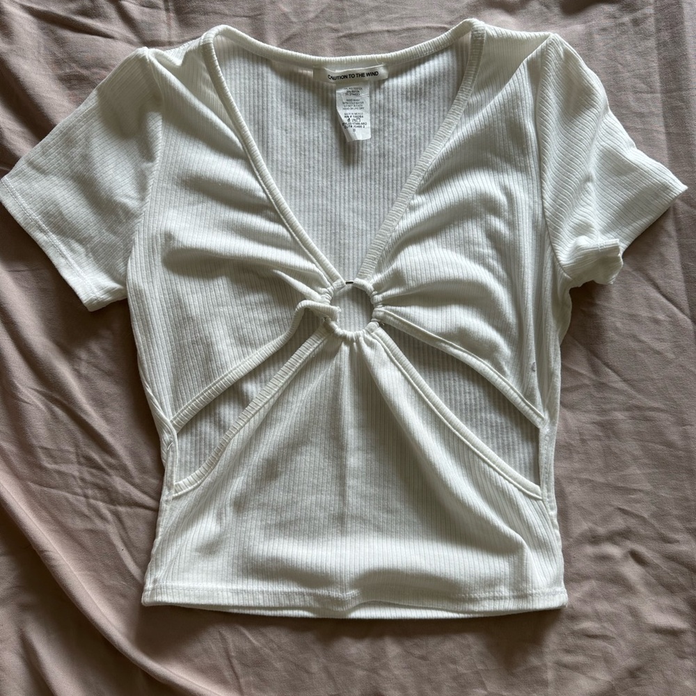 Caution To The Wind White Ribbed Short Sleeve Top